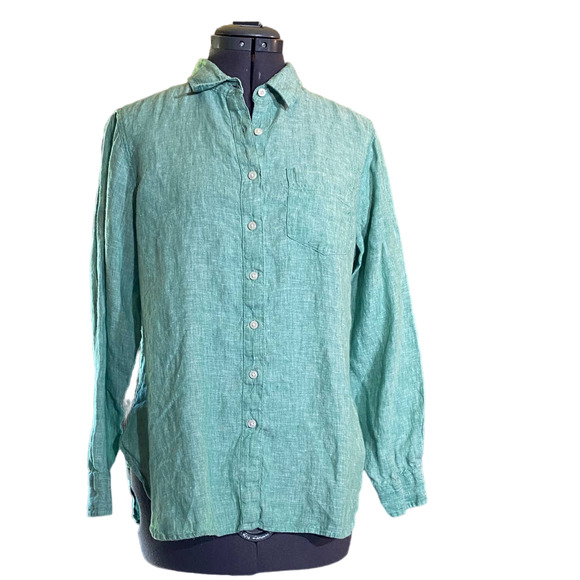 L. L. Bean MP Long Sleeve 100% Linen Green Wash Womens Button Front Pocket Shirt - Picture 1 of 7